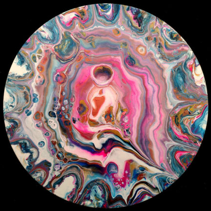 Peinture sur bois ronde, à dominante bleue et rose, de motif abstrait