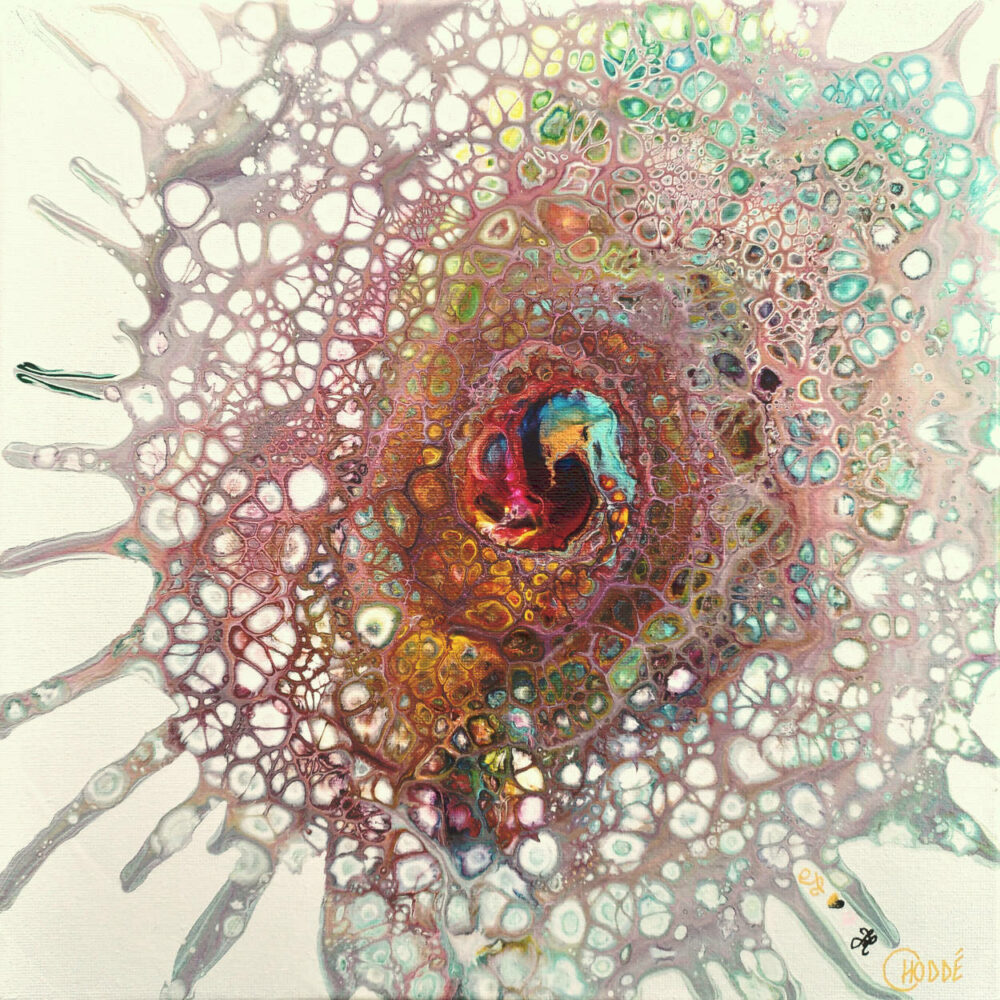 Peinture multicolore avec de nombreuses bulles, évoquant une galaxie en expansion. Utilise la technique du swipe et du plateau tournant