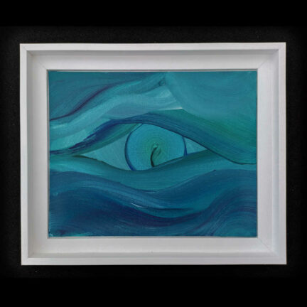 Peinture abstraite à dominante bleue-verte, qui fait penser à un œil qui nous regarde