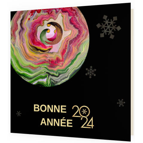 Carte de vœux "Bonne année 2024" sur fond noir, avec une oeuvre contemporaine semi abstraite