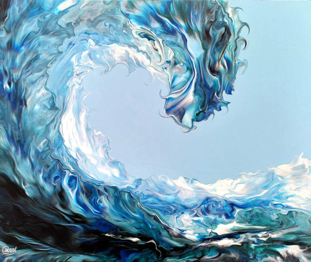 Grande vague puissante sur fond de ciel bleu, habitée par une créature imaginaire. Acrylique sur toile