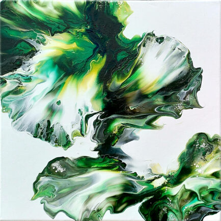 Peinture abstraite soufflée dans les tons vert et jaune, sur fond blanc