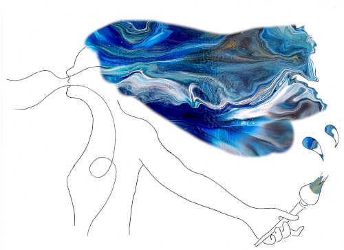 femme avec un pinceau qui inspire et colore ses cheveux soufflés par le vent