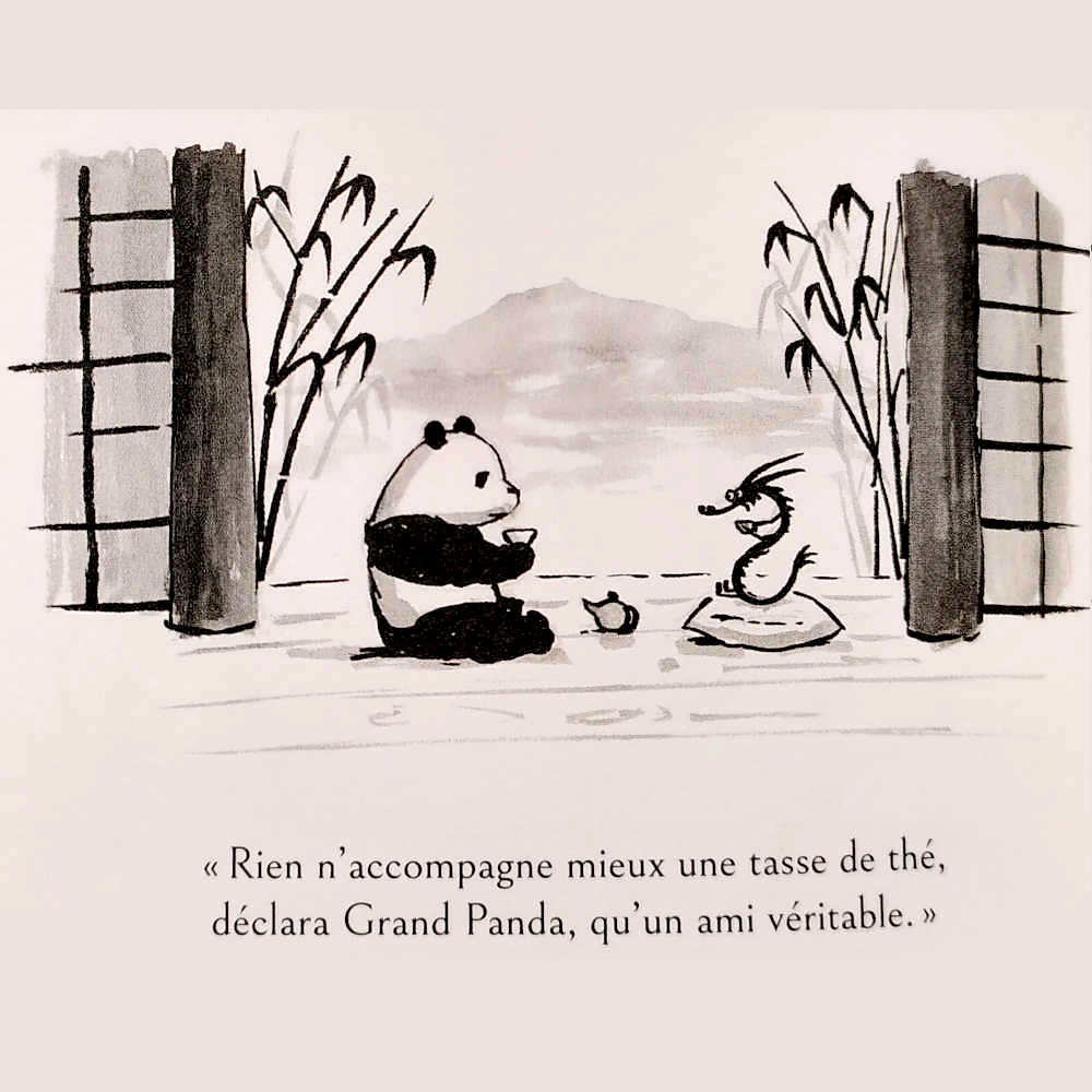 Extrait Livre grand panda et petit dragon de James Norbury Boire un thé avec un ami