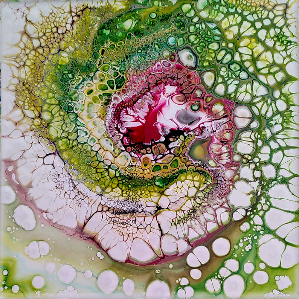 Tableau abstrait vert et rouge sur fond blanc - galaxie verte